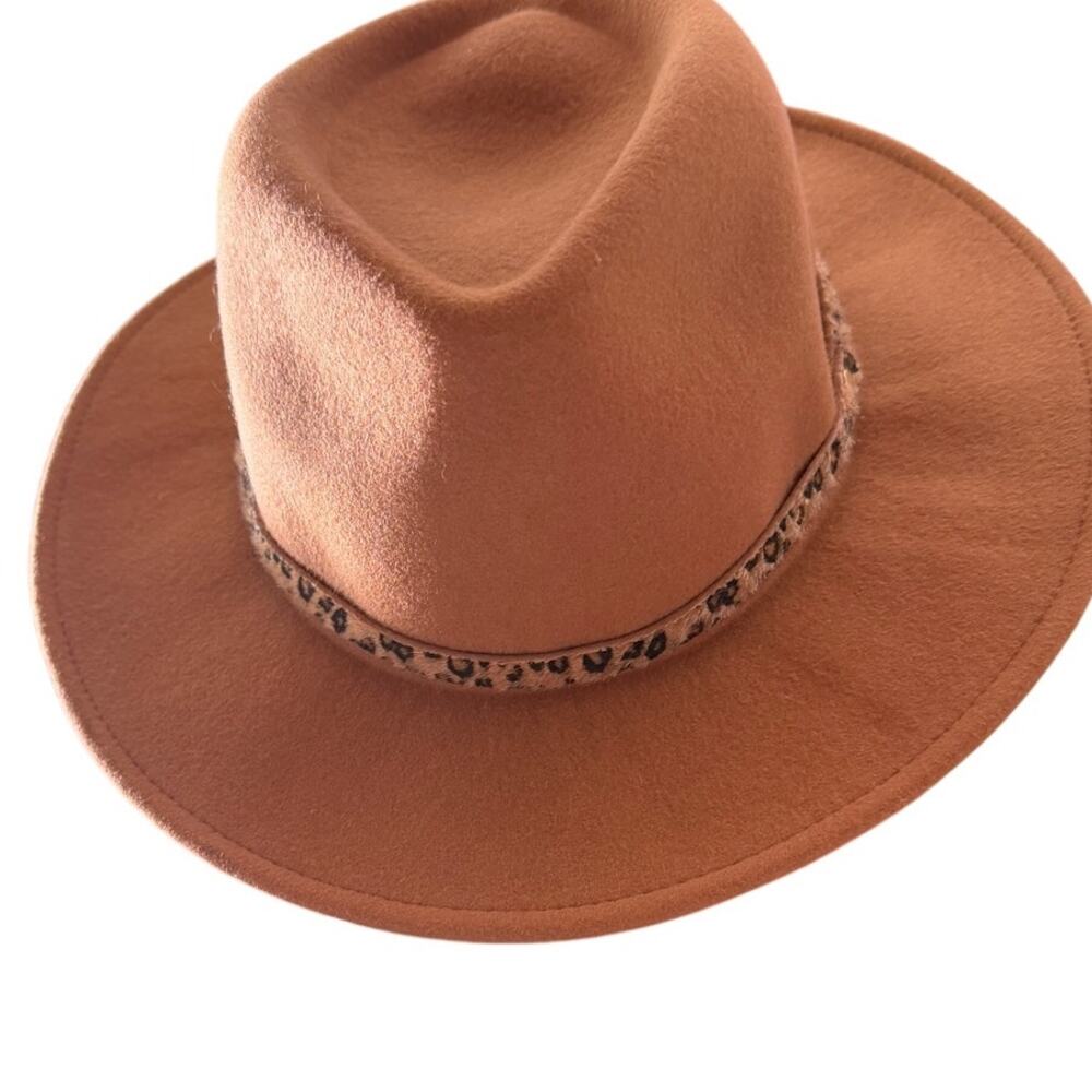 Talbots 100% Wool Fedora Hat Camel Brown Leopard Faux Leather Trim Wide Brim
